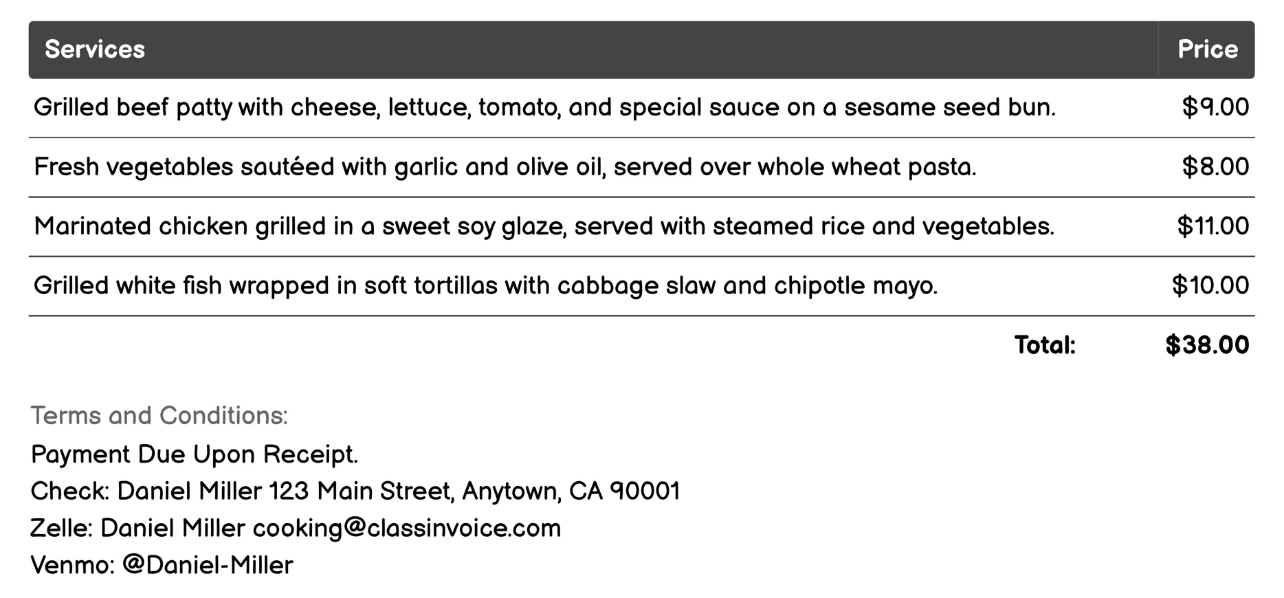 Restaurant Takeout Services Invoice Example