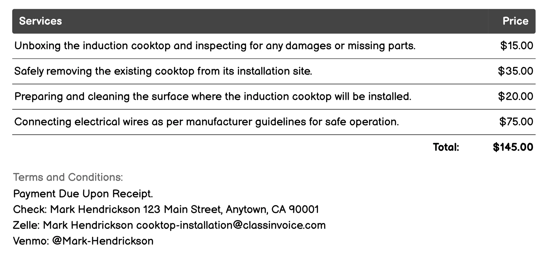 Induction Cooktop Installation Invoice Example