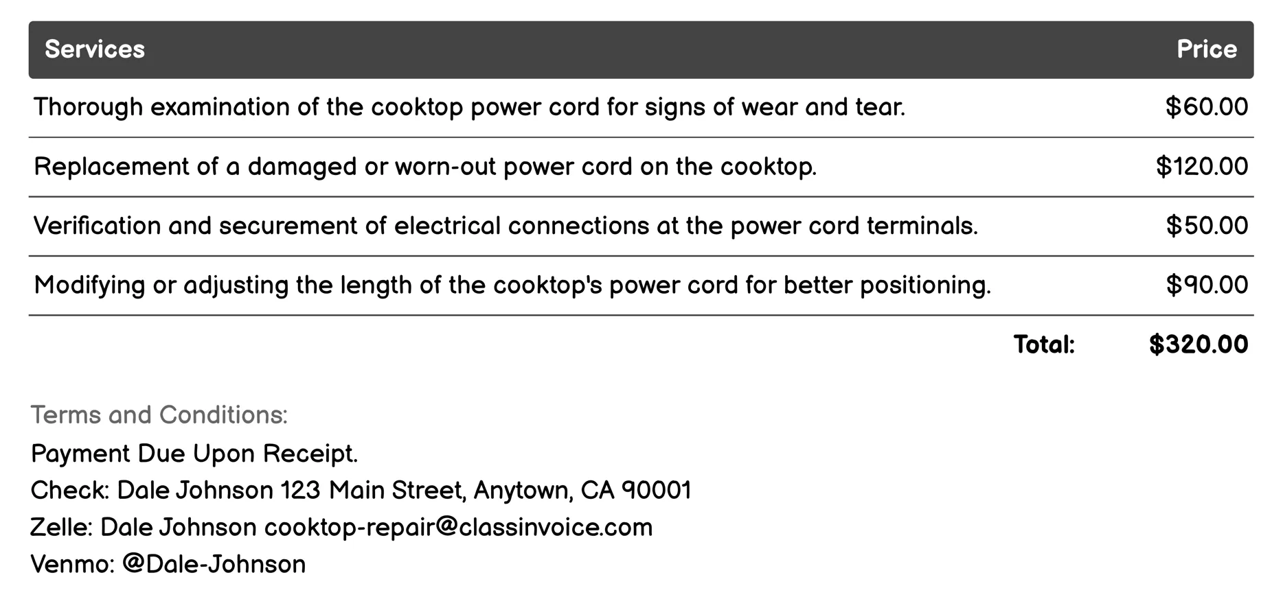 Power Cord Repair Invoice Example