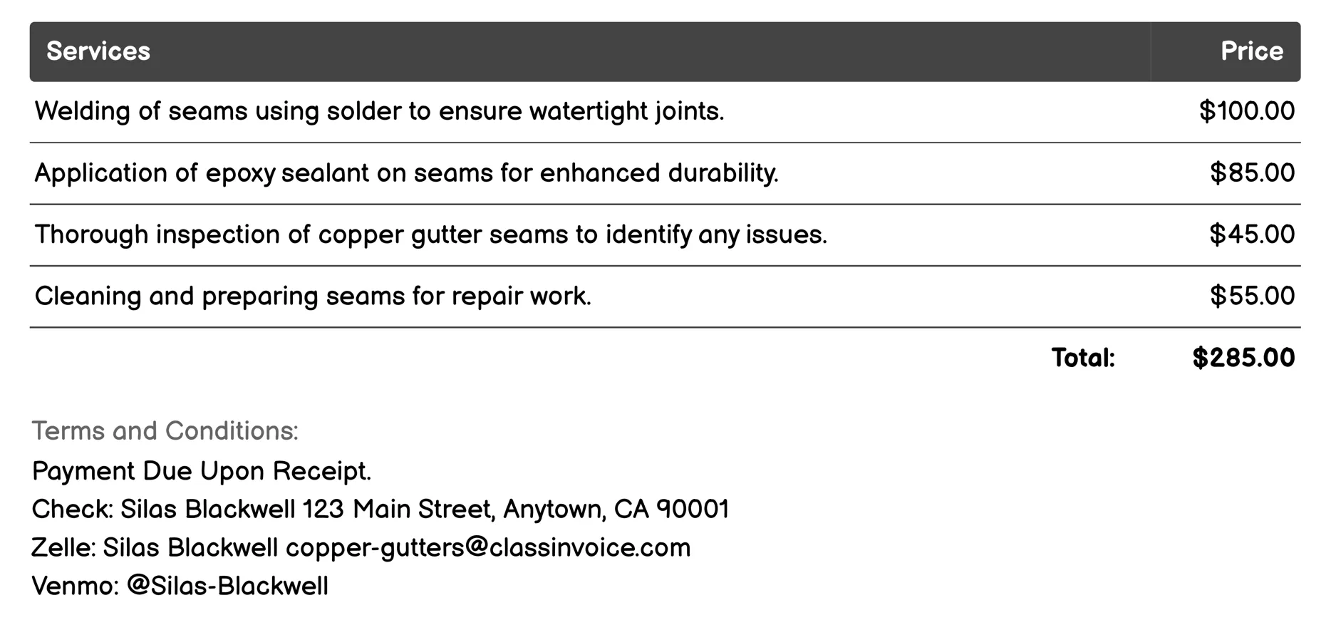 Seam Repair Invoice Example