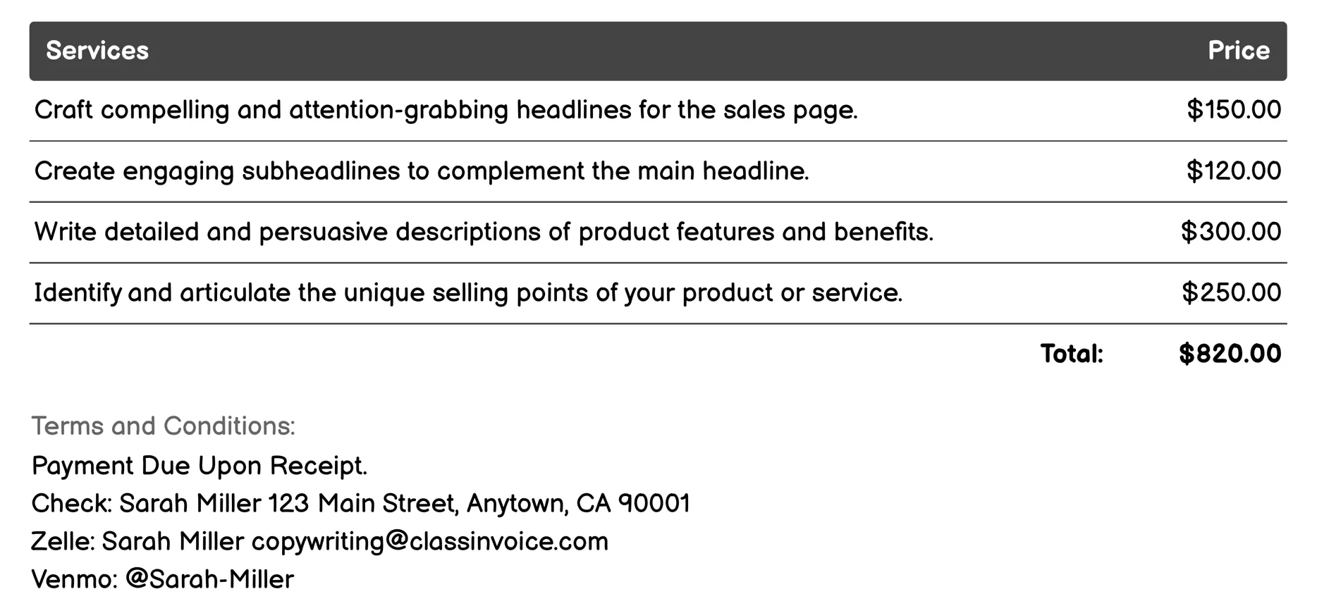 Sales Page Copywriting Invoice Example