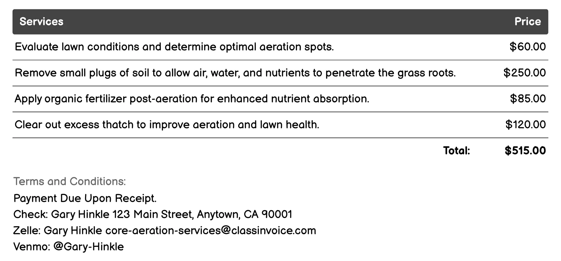 Seasonal Core Aeration Invoice Example