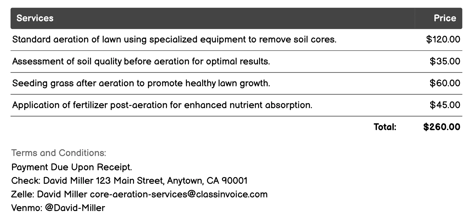 Standard Core Aeration Invoice Example