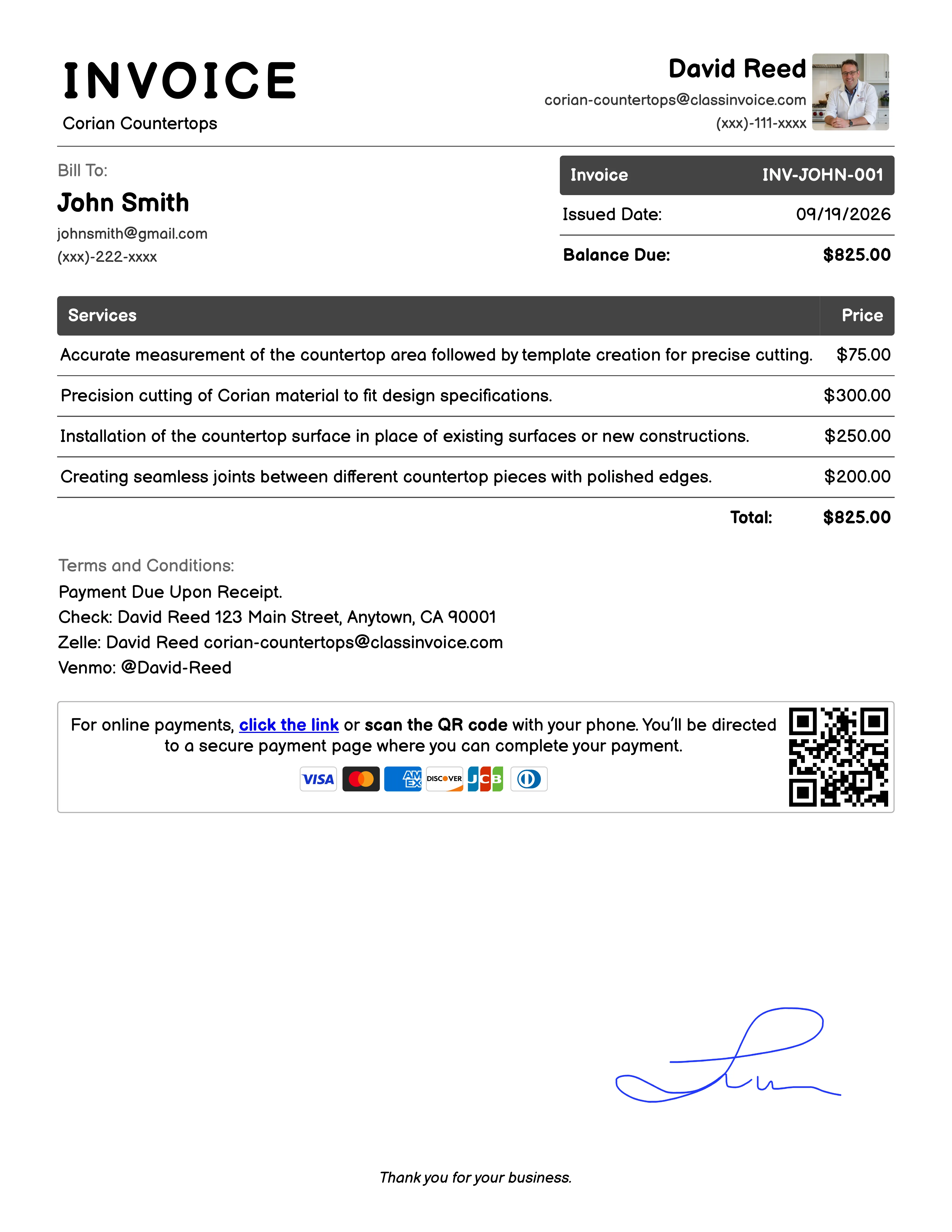 Corian Countertops Invoice Example