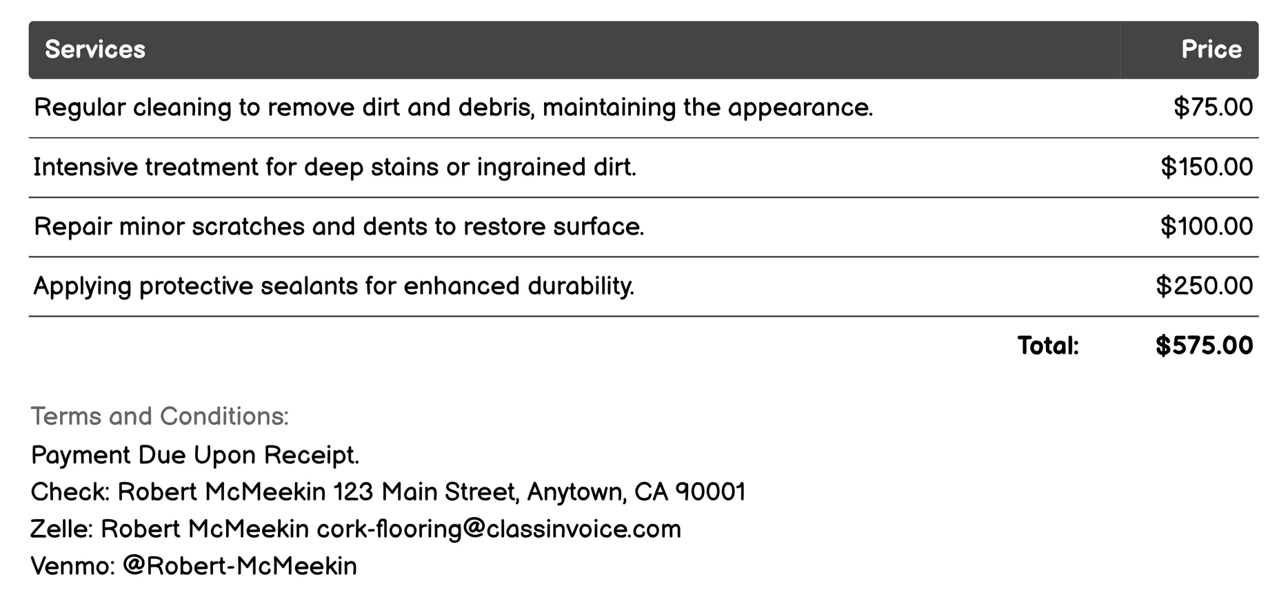 Maintenance Services Invoice Example