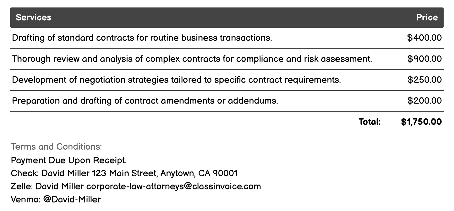 Contract Drafting and Review Invoice Example