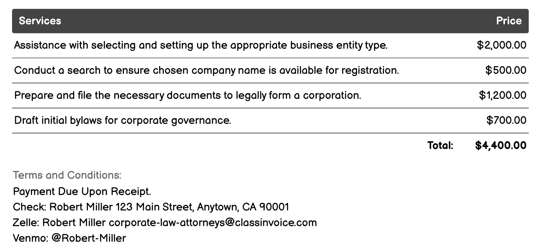 Corporate Formation Invoice Example