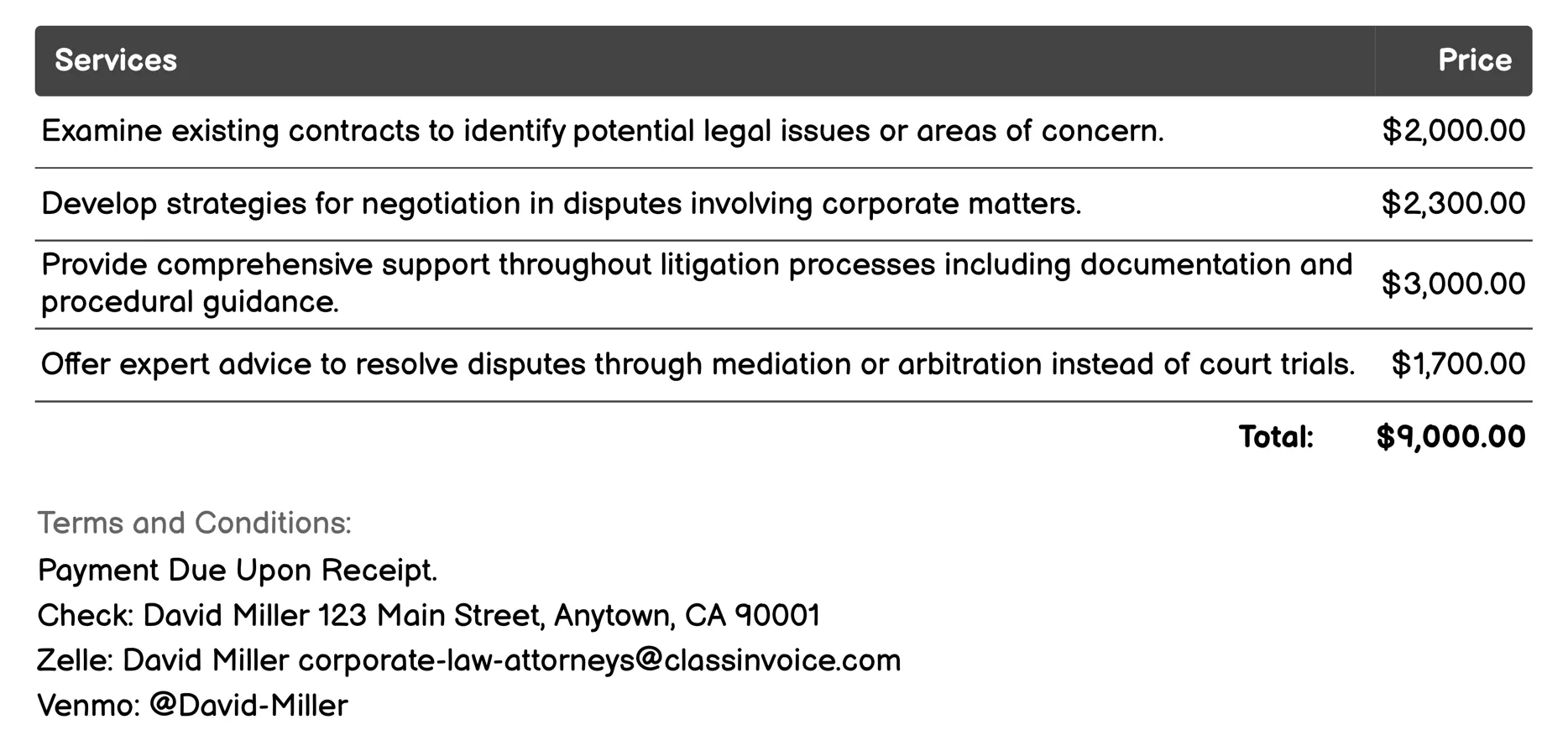 Litigation and Dispute Resolution Invoice Example