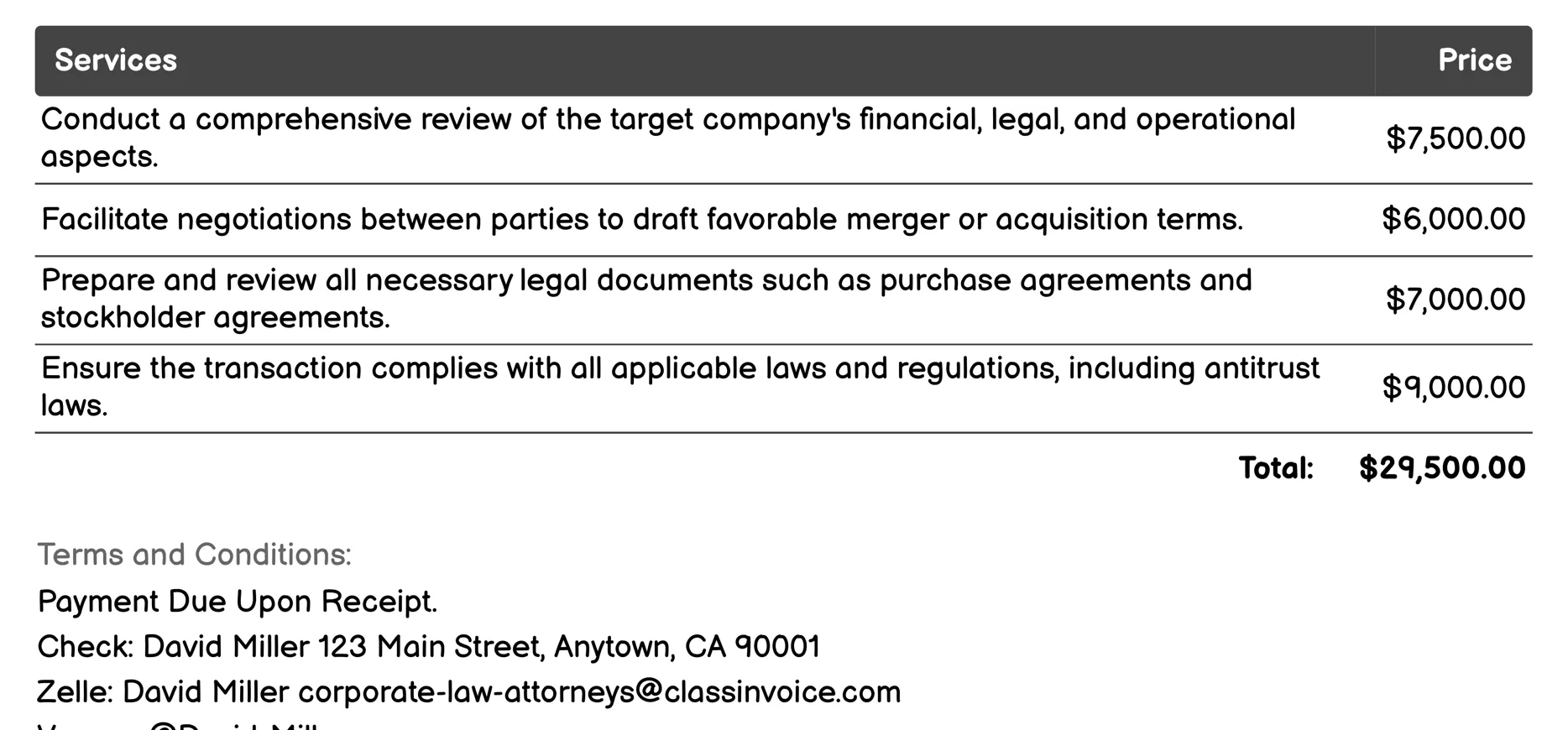 Mergers and Acquisitions Invoice Example