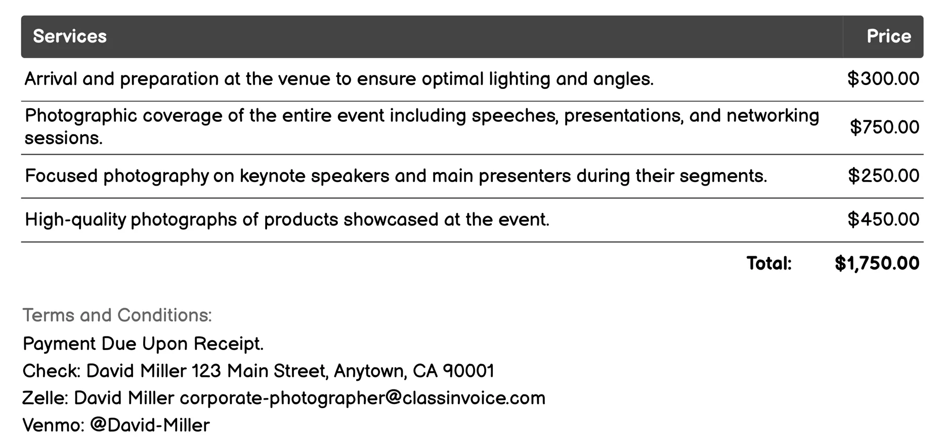 Corporate Events Photography Invoice Example