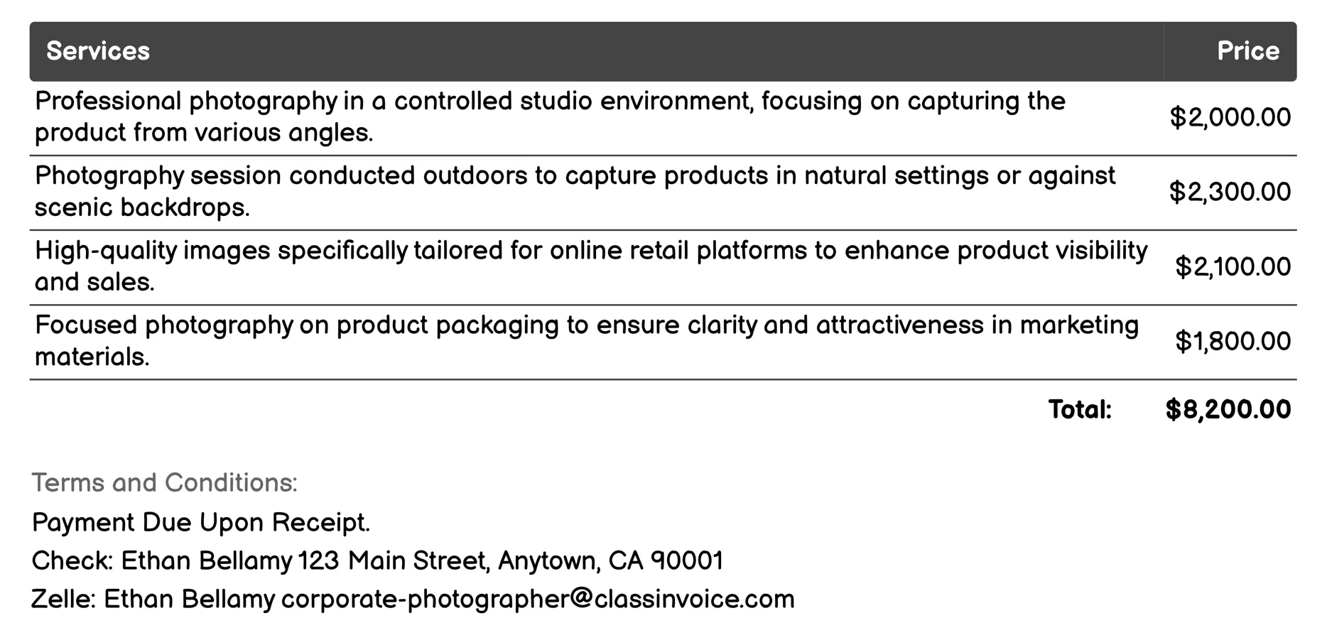 Product Photography Invoice Example