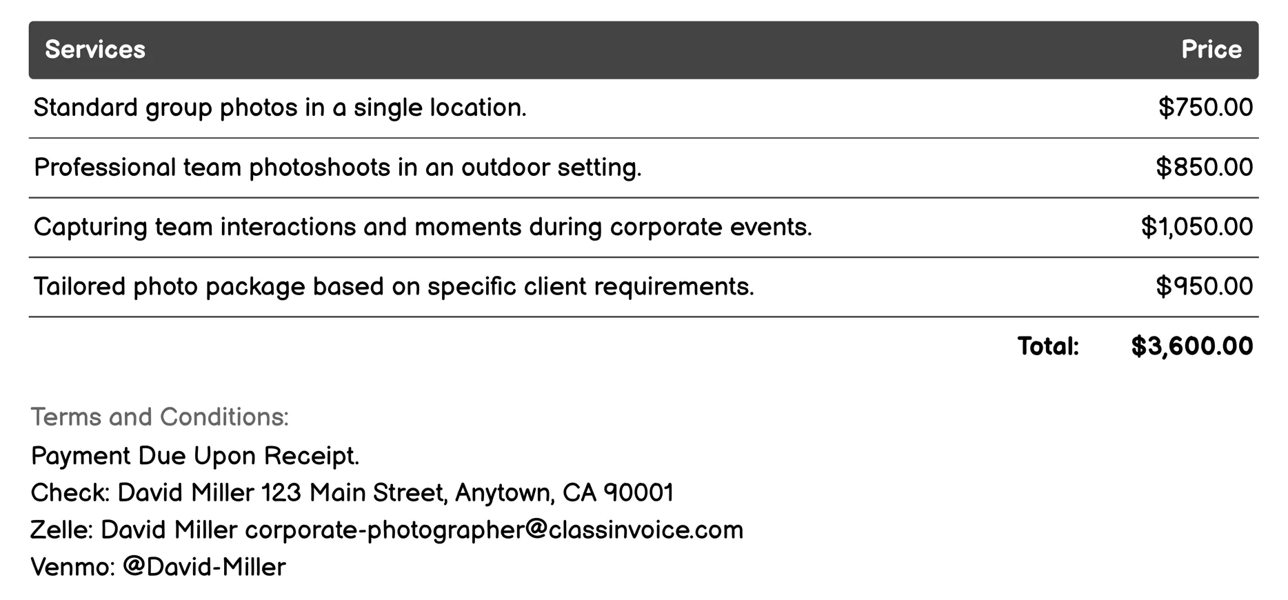 Team Portraits Invoice Example