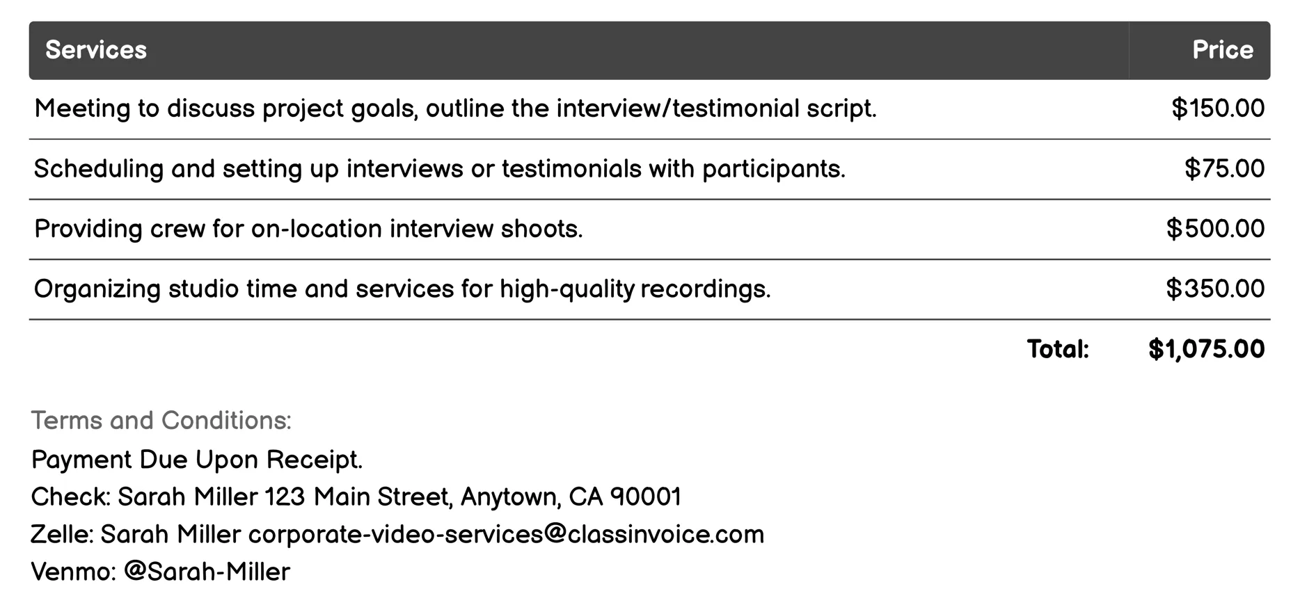 Interviews & Testimonials Invoice Example