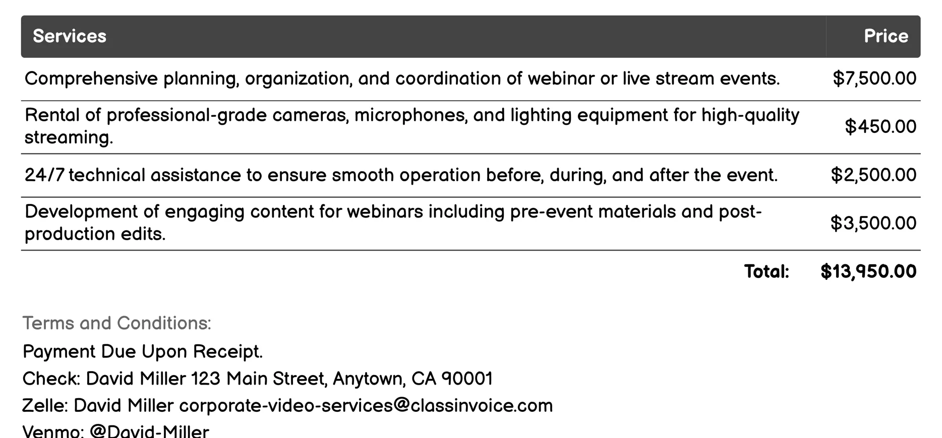 Webinars & Live Streams Invoice Example