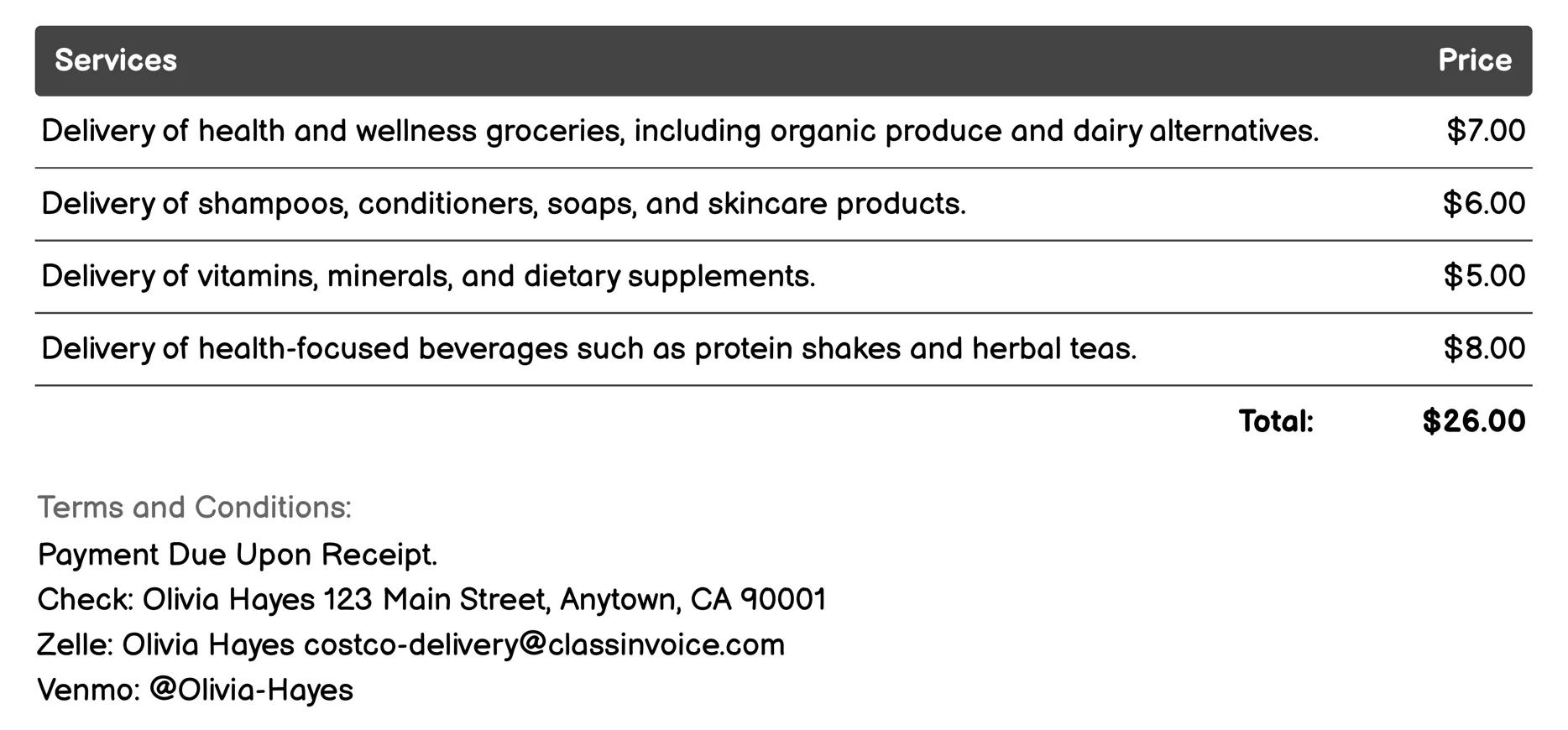 Health & Wellness Products Delivery Invoice Example