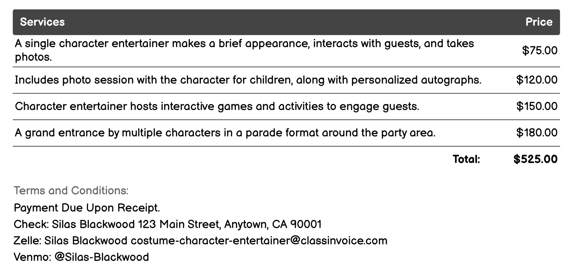 Birthday Party Entertainment Invoice Example