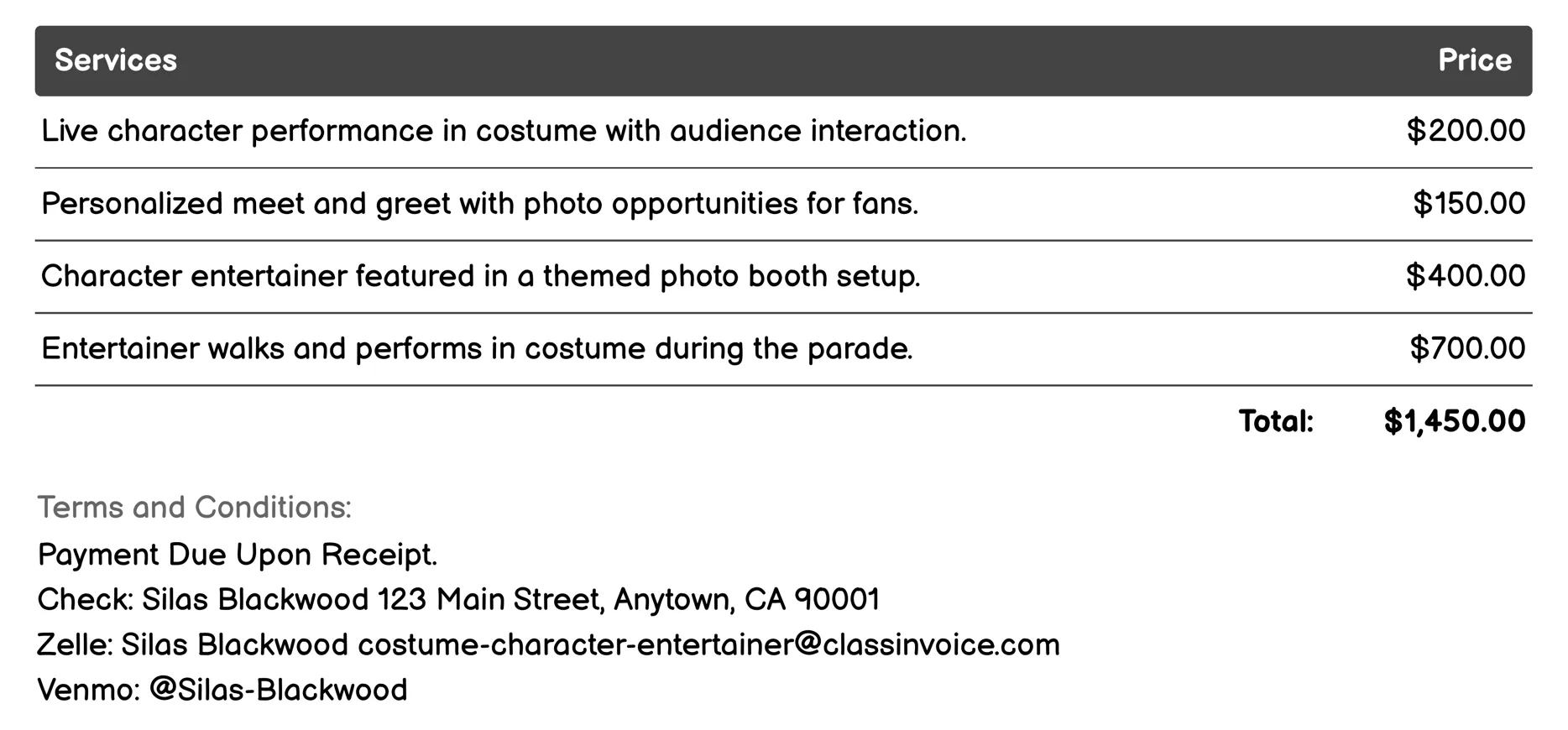 Festivals and Public Events Invoice Example