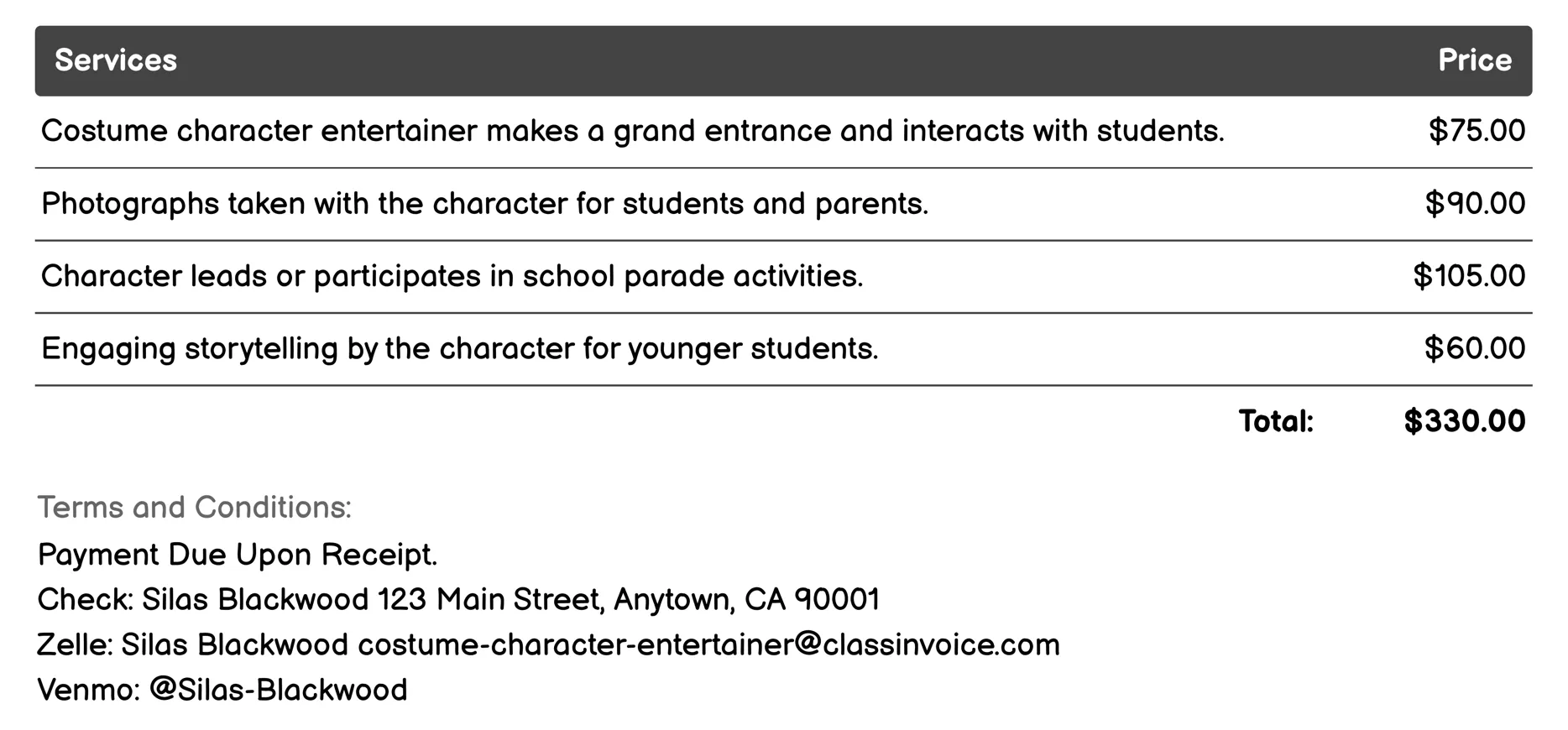 School Events Invoice Example