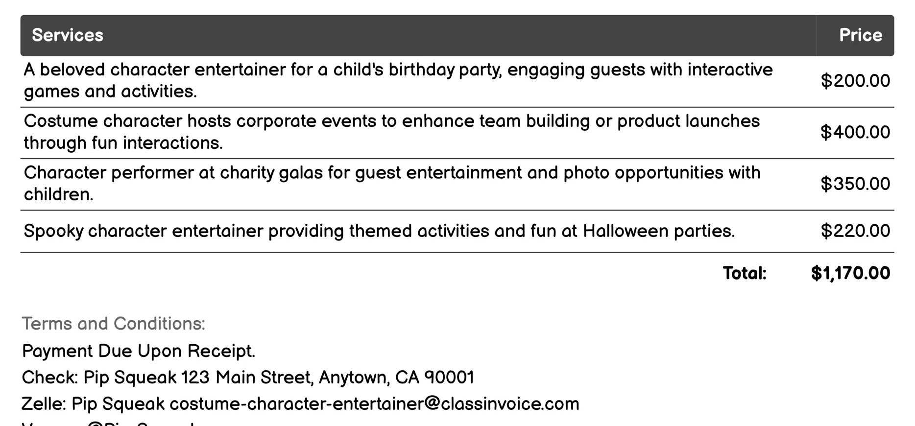 Theme Parties Invoice Example