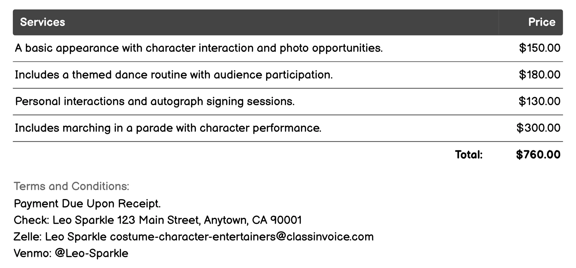 Event Mascots Invoice Example