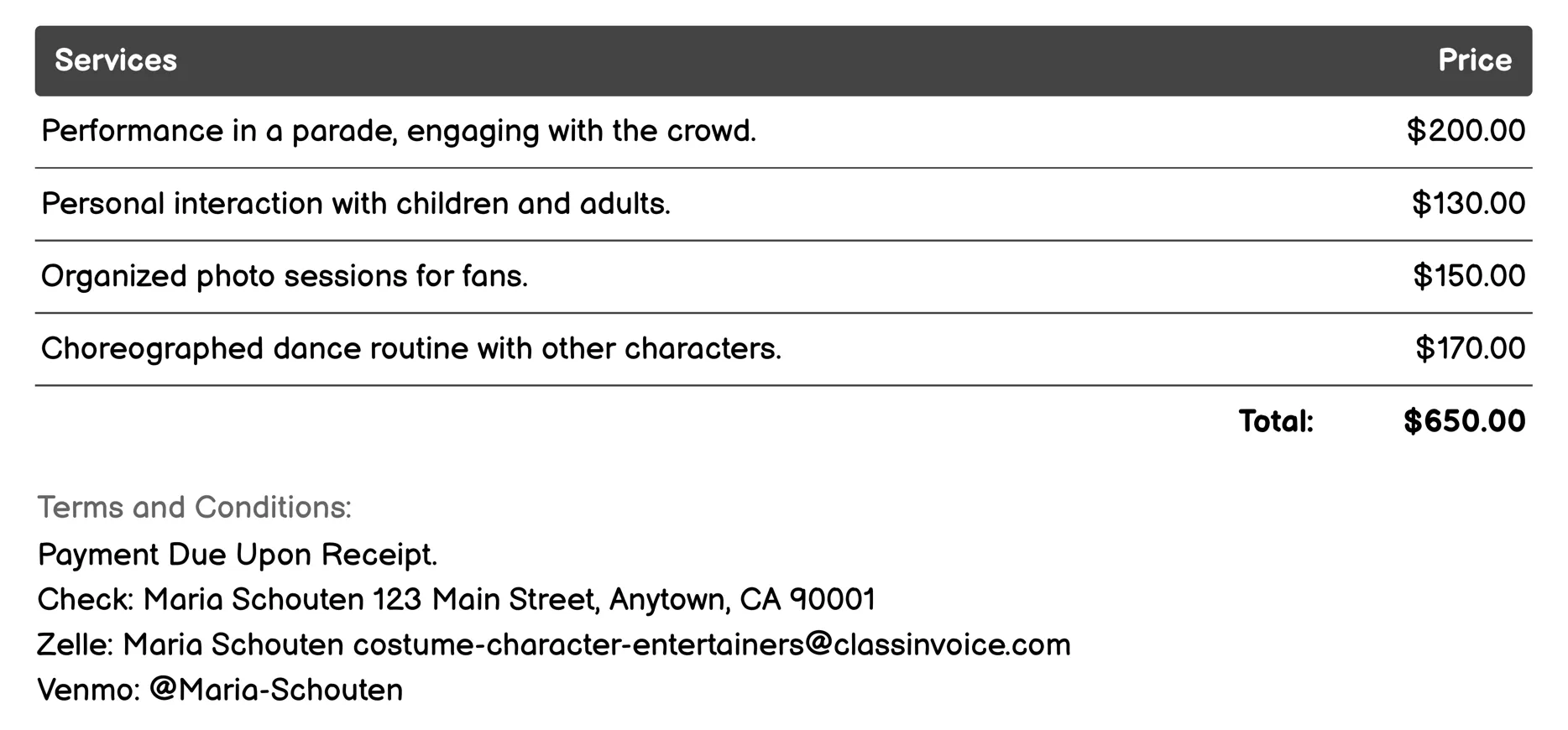 Parade Performers Invoice Example