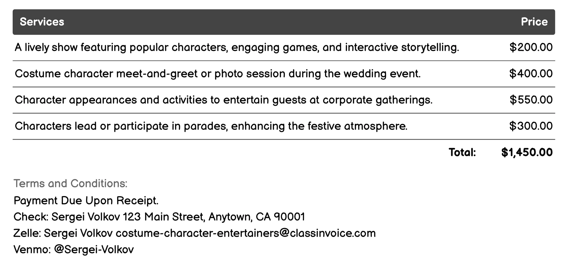 Private Party Entertainers Invoice Example