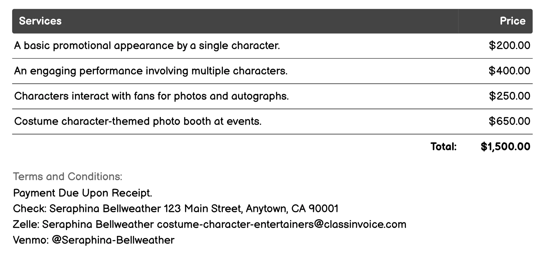 Promotional Appearances Invoice Example