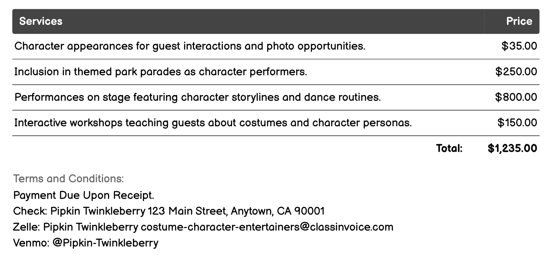 Theme Park Characters Invoice Example