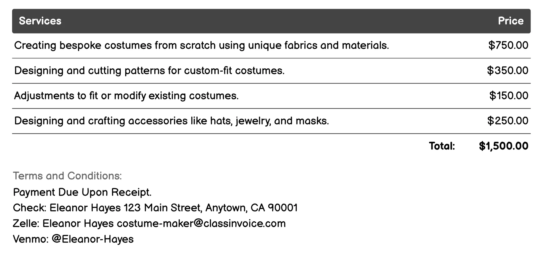 Event Costuming Invoice Example