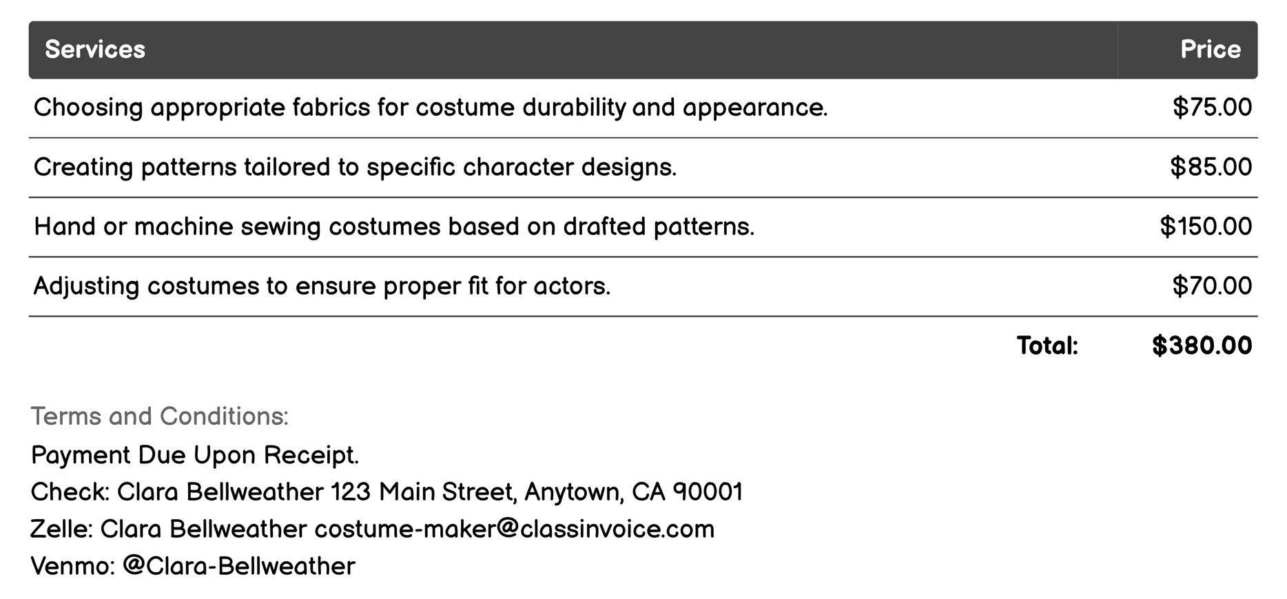 Prop Making Invoice Example
