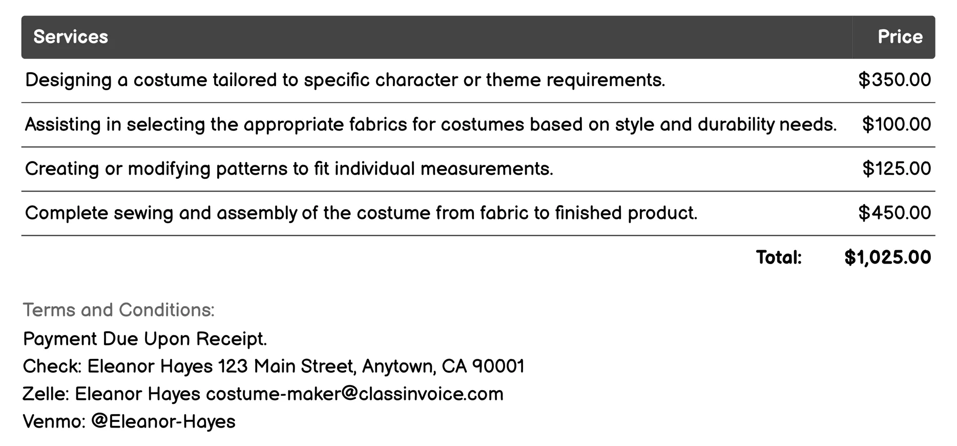 Themed Costuming Invoice Example