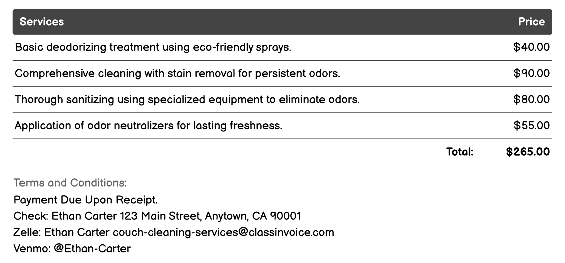 Odor Elimination Invoice Example