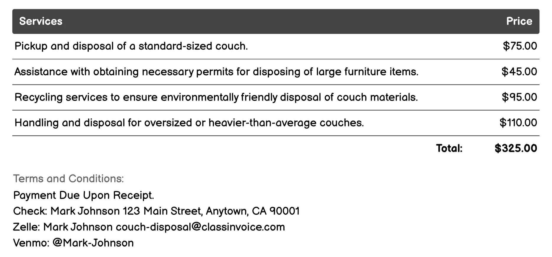 Hauling Services Invoice Example