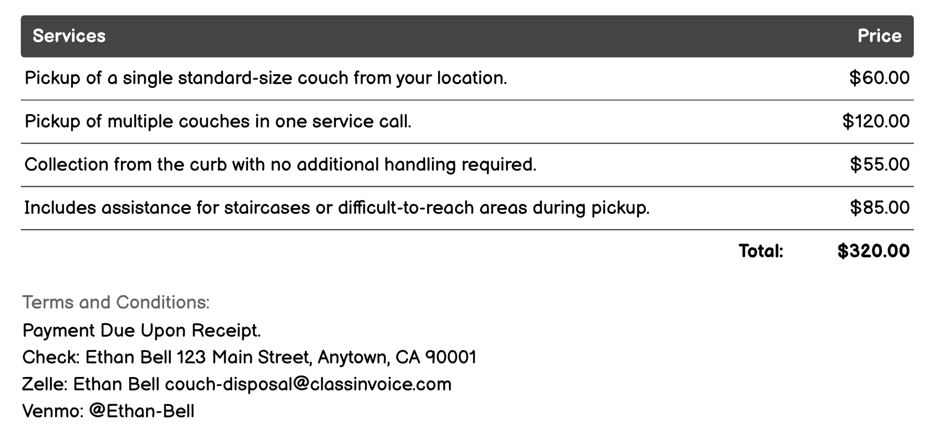 Pickup Invoice Example