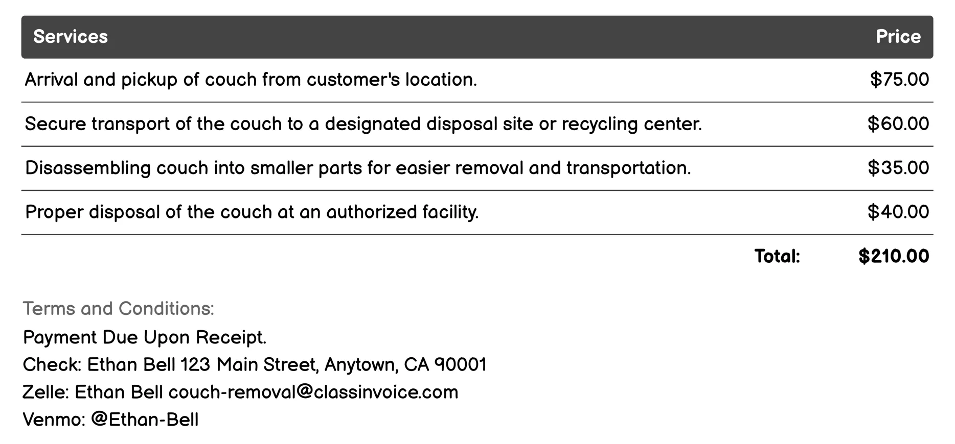 Bulk Furniture Removal Invoice Example