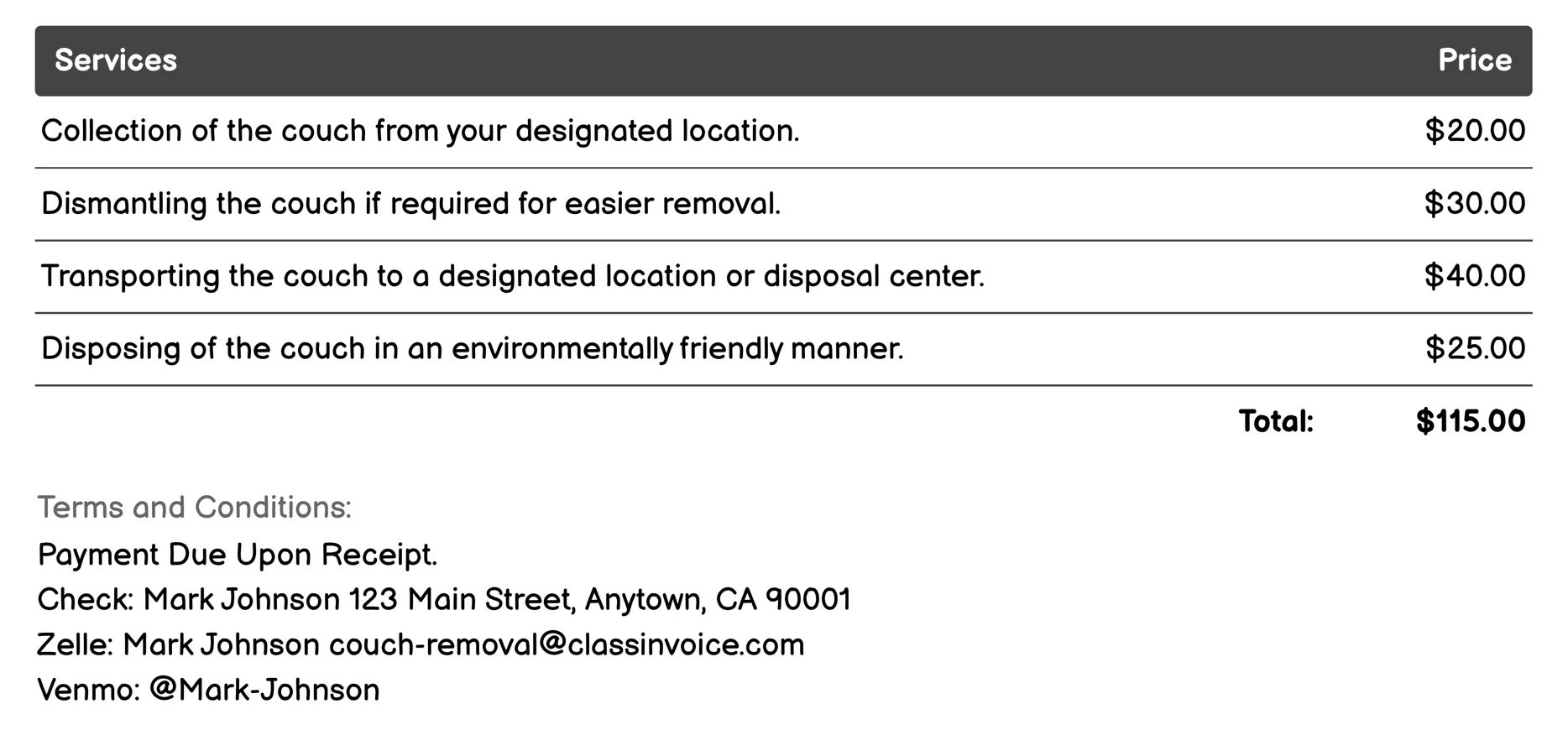 Free Couch Removal Invoice Example