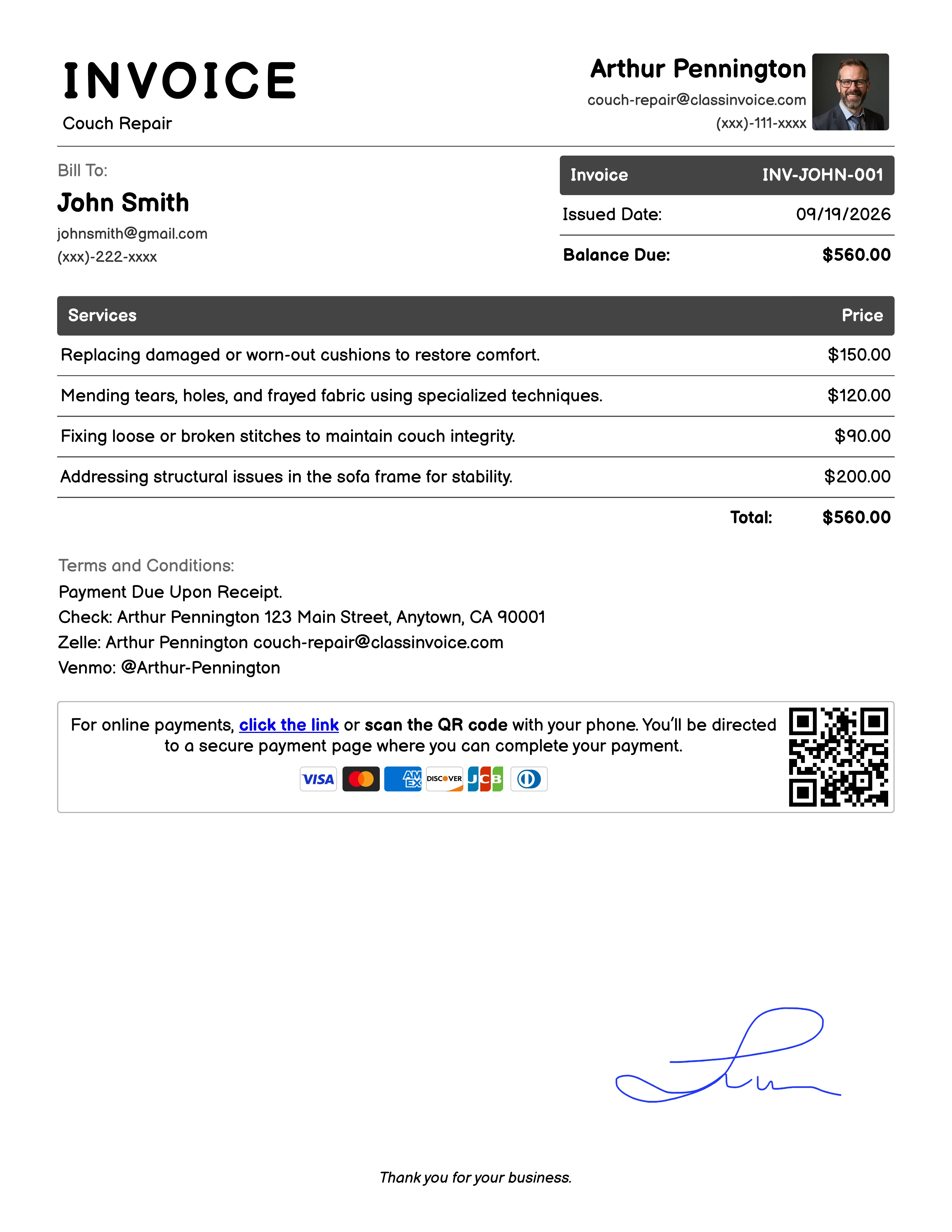 Couch Repair Invoice Example