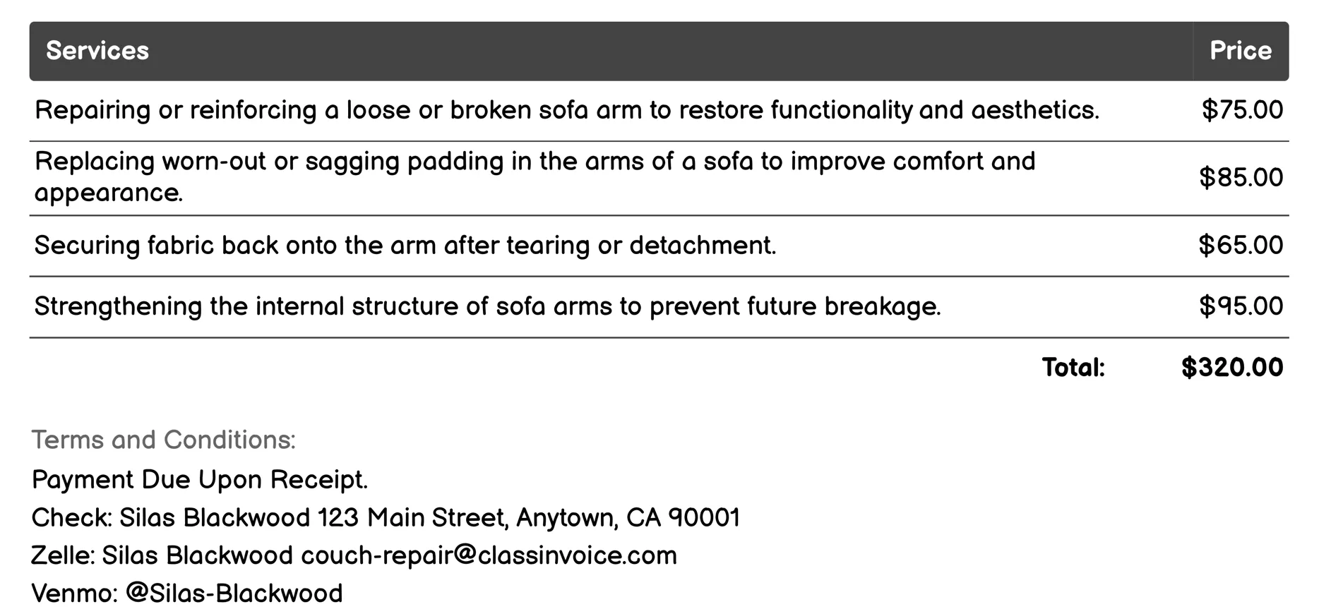 Sofa Arm Repair Invoice Example