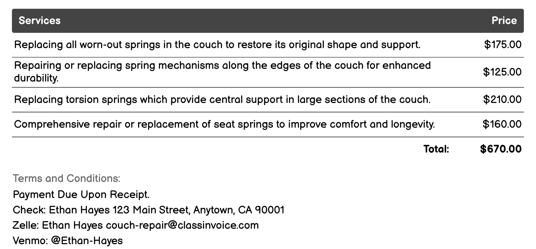 Spring Replacement Invoice Example