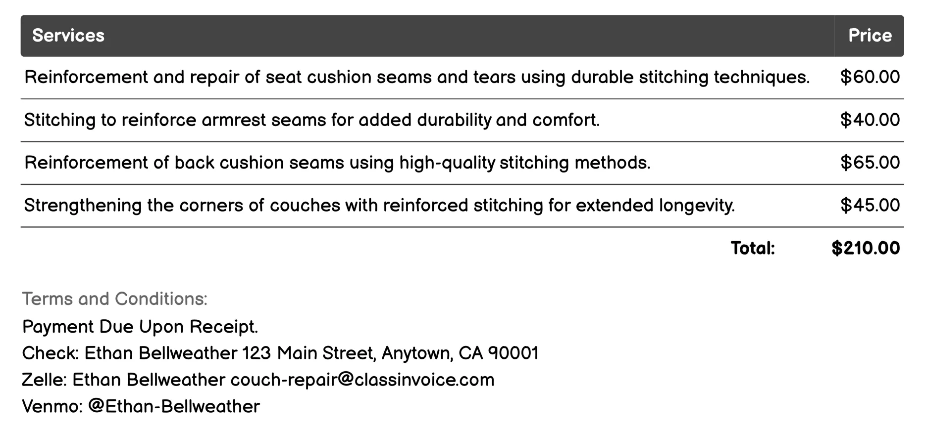 Stitching & Seams Reinforcement Invoice Example