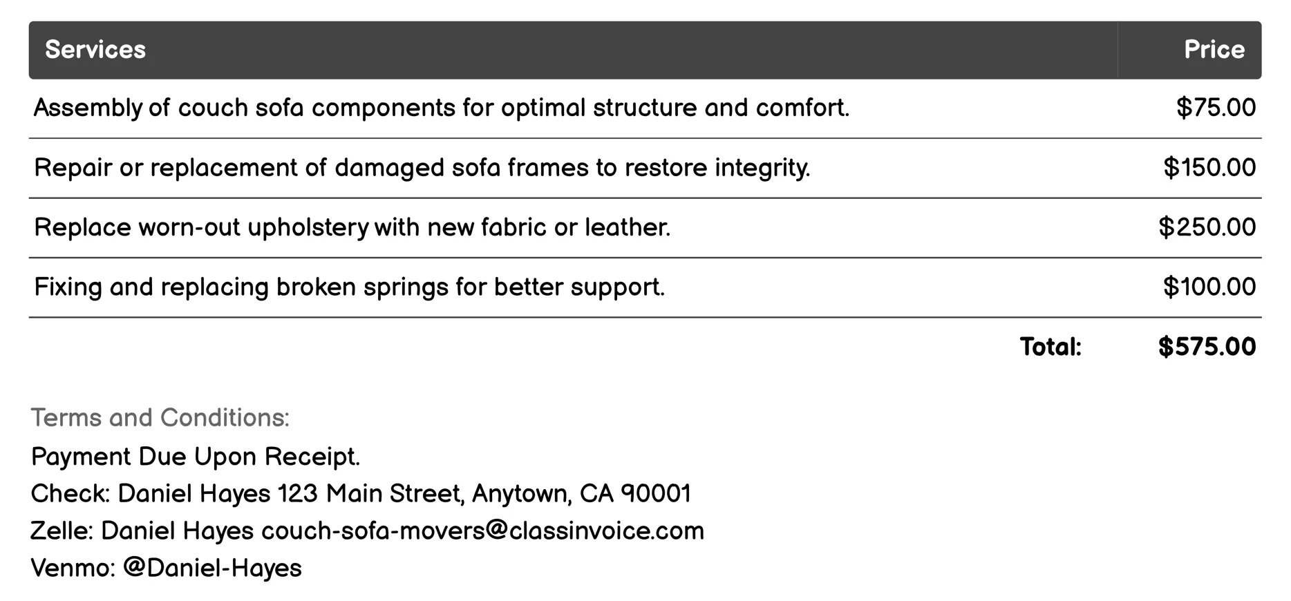 Furniture Repair Invoice Example