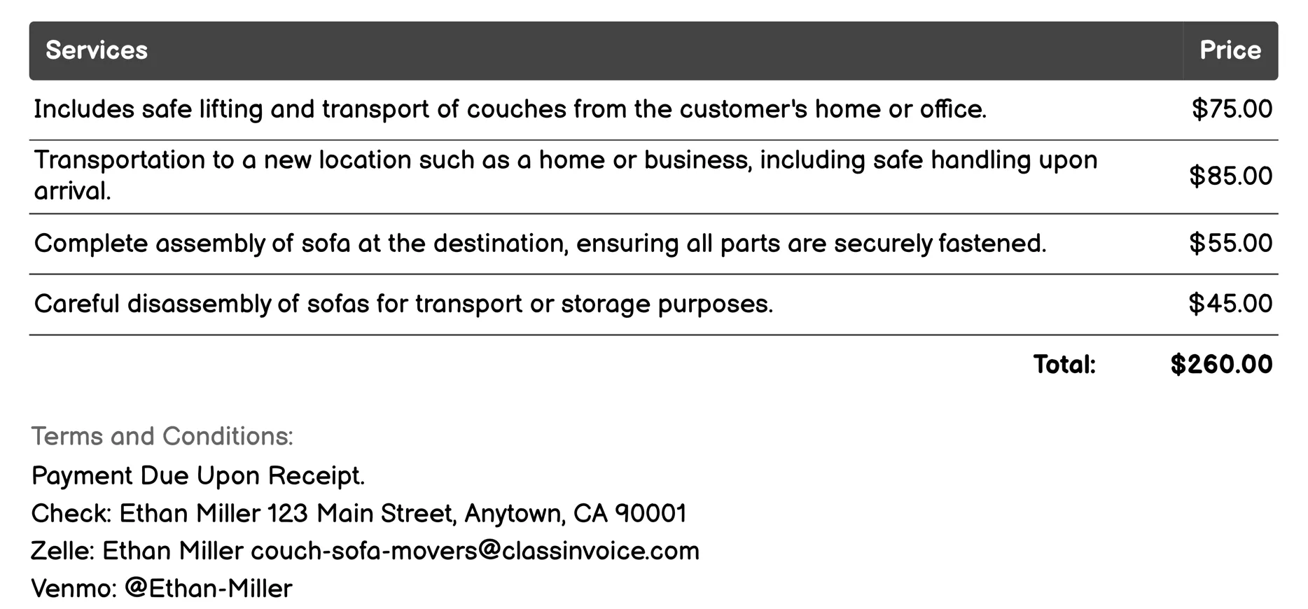 Furniture Storage Invoice Example