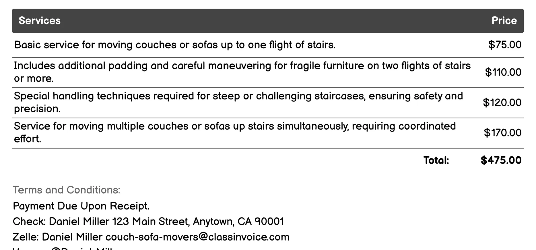 Stair Climbing Assistance Invoice Example