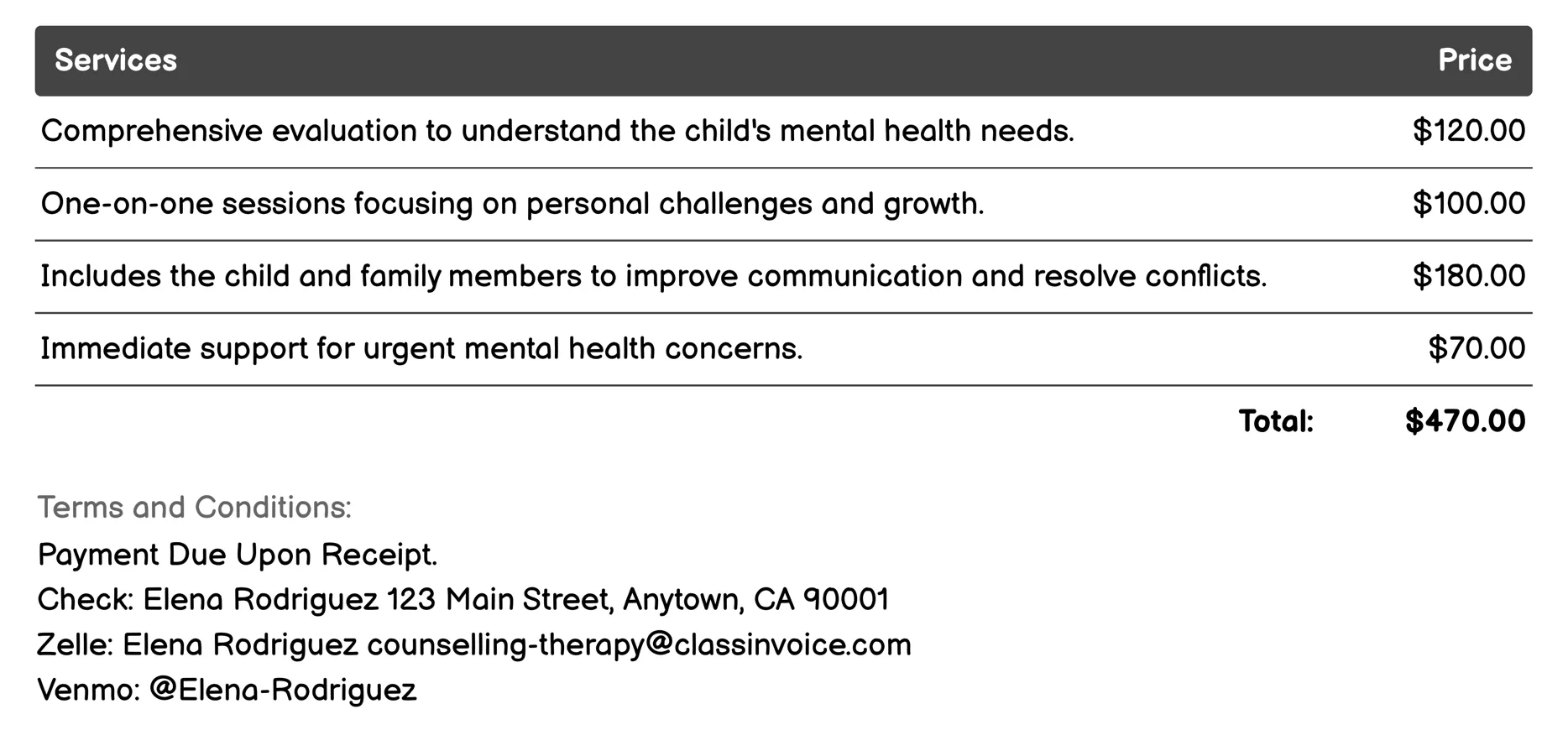 Child and Adolescent Counselling Invoice Example