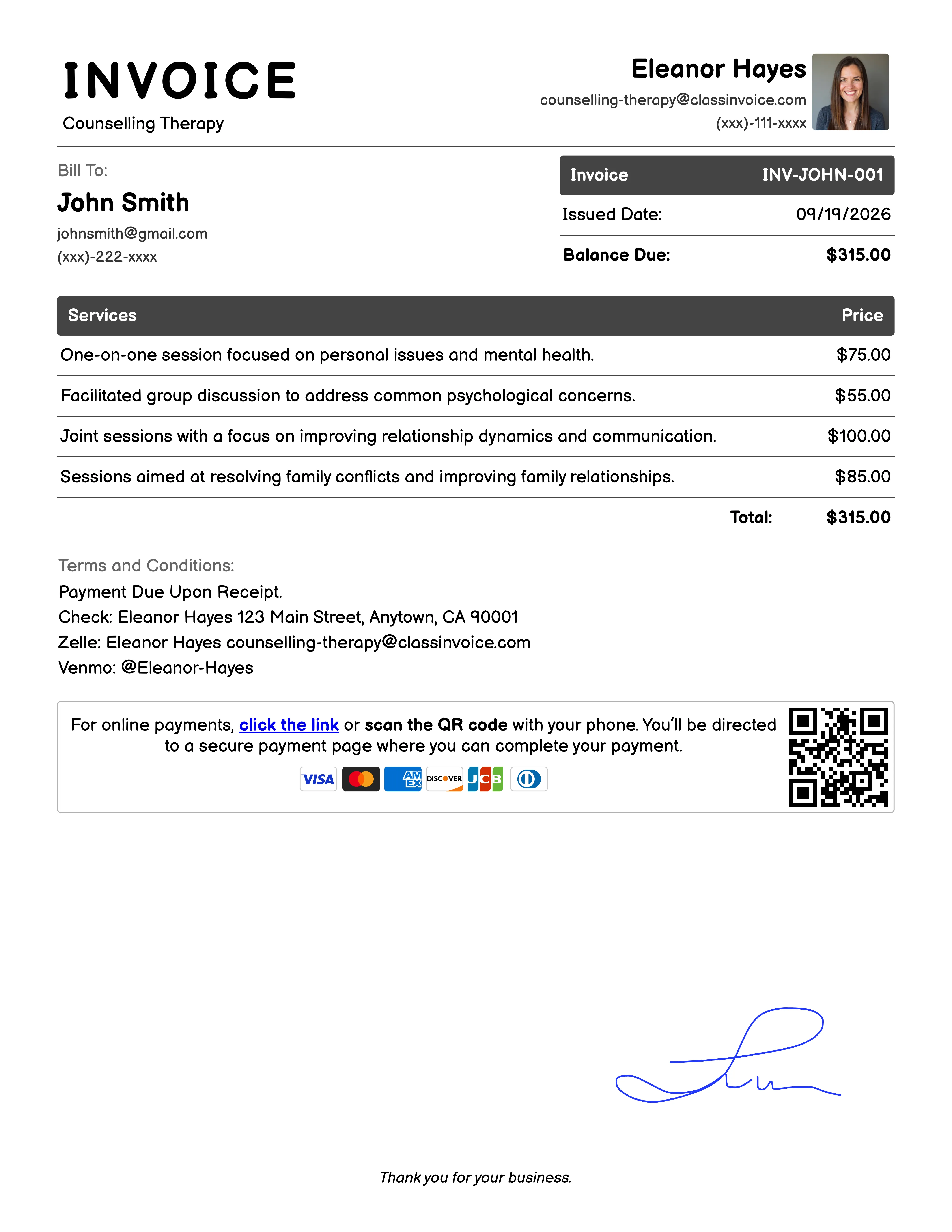 Counselling Therapy Invoice Example
