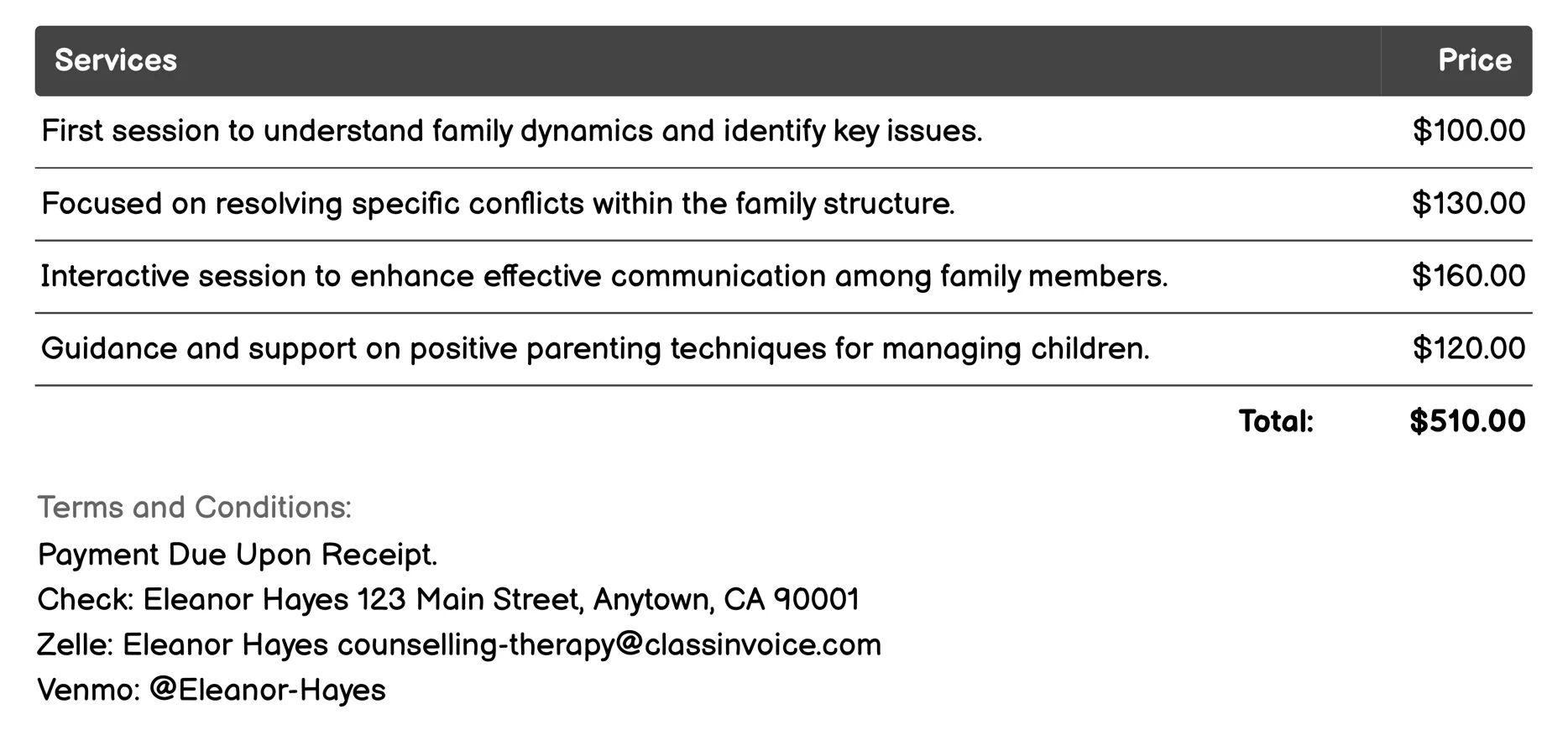 Family Counselling Invoice Example