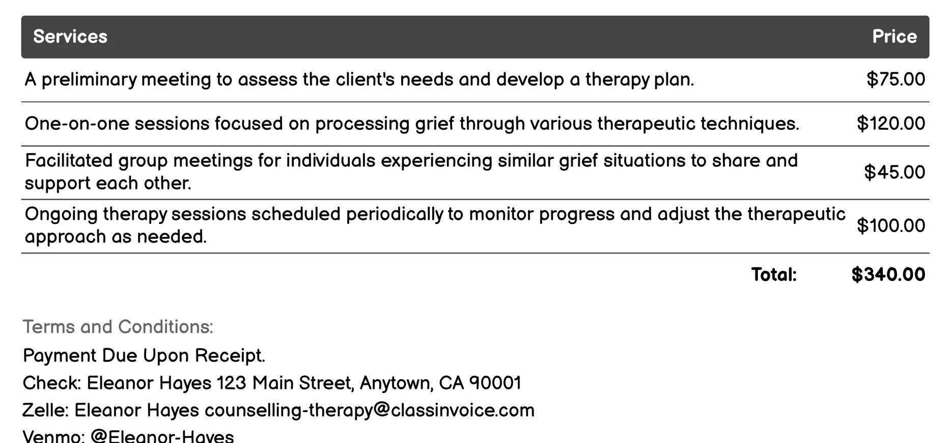 Grief Counselling Invoice Example