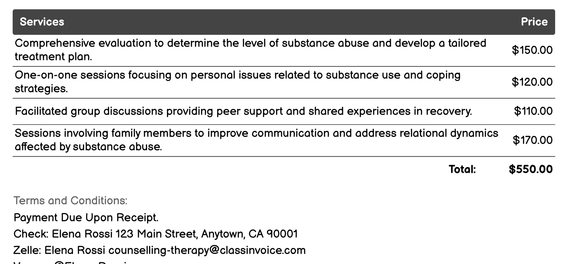 Substance Abuse Counselling Invoice Example