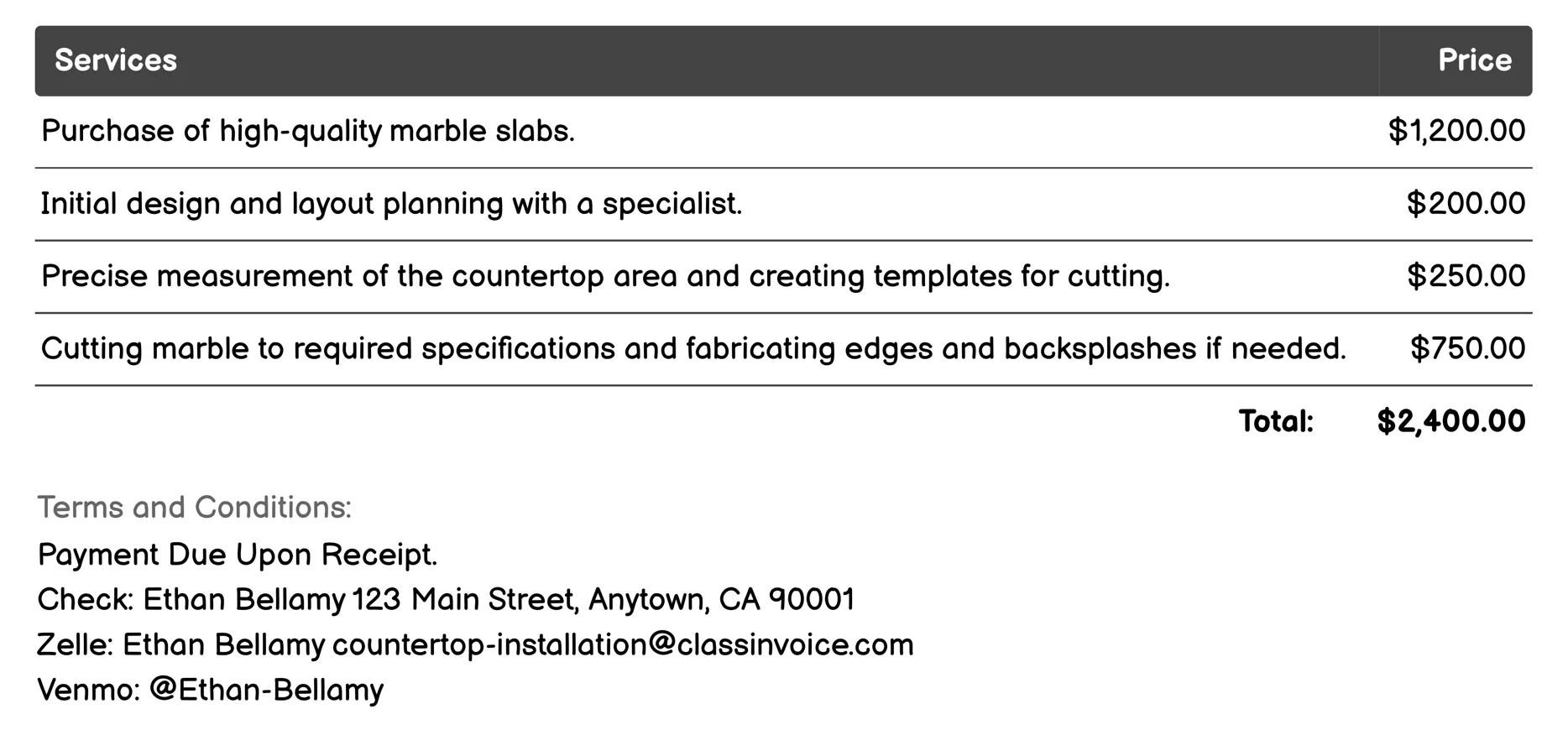 Marble Countertop Installation Invoice Example