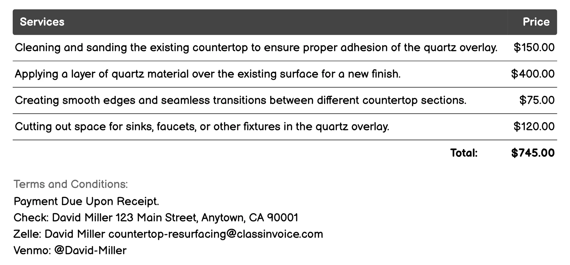 Quartz Overlay Systems Invoice Example